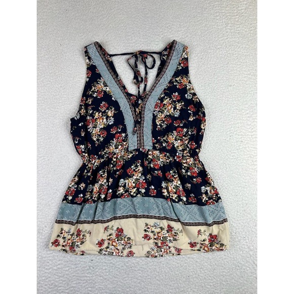 Alya Tops - Alya Tank Top Womens Small Blue Floral V Neck Tie Back Boho Rayon Sleeveless